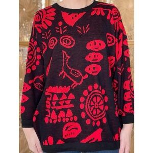 Vintage 80s Westside Red & Black Funky Retro Tribal Abstract Animal Knit Sweater